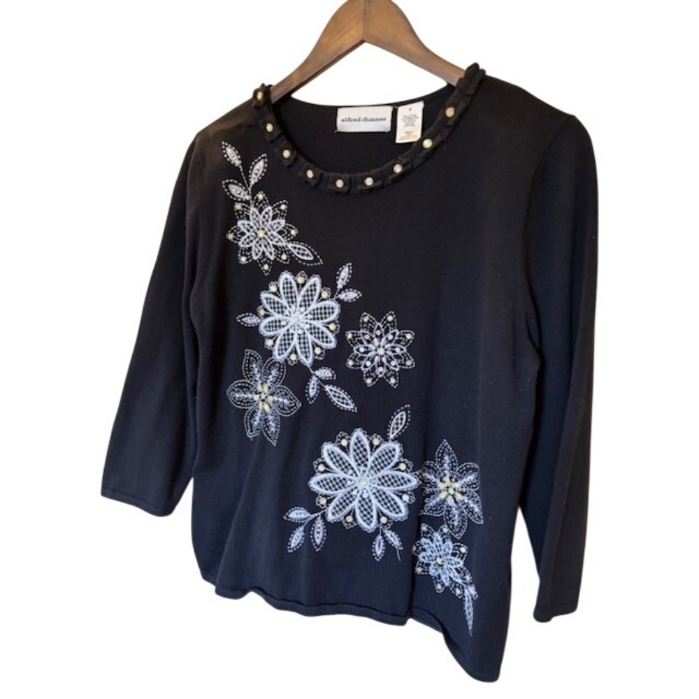 Alfred Dunner Black Floral Embroidered Sequin Knit Top 3/4 Sleeve Small